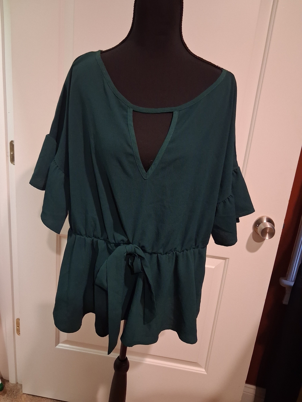SHEIN Dark Teal Tie-Waist Peplum Blouse